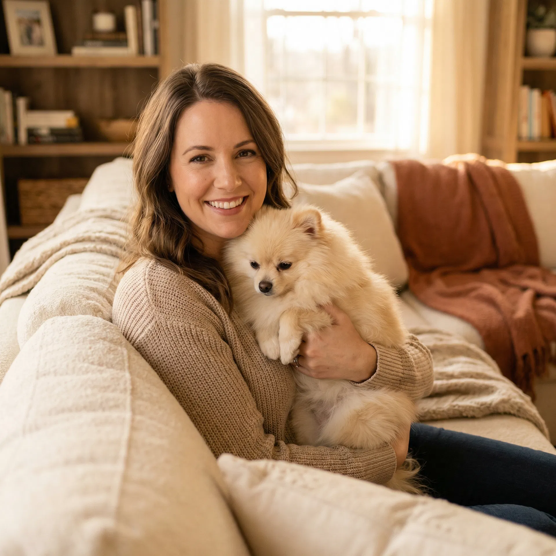 Tutora com um Lulu da Pomerânia no colo
